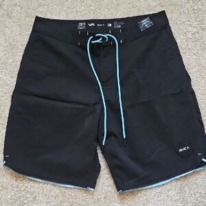 RVCA Men’s Black Swim Board Shorts with Aqua Drawstring
